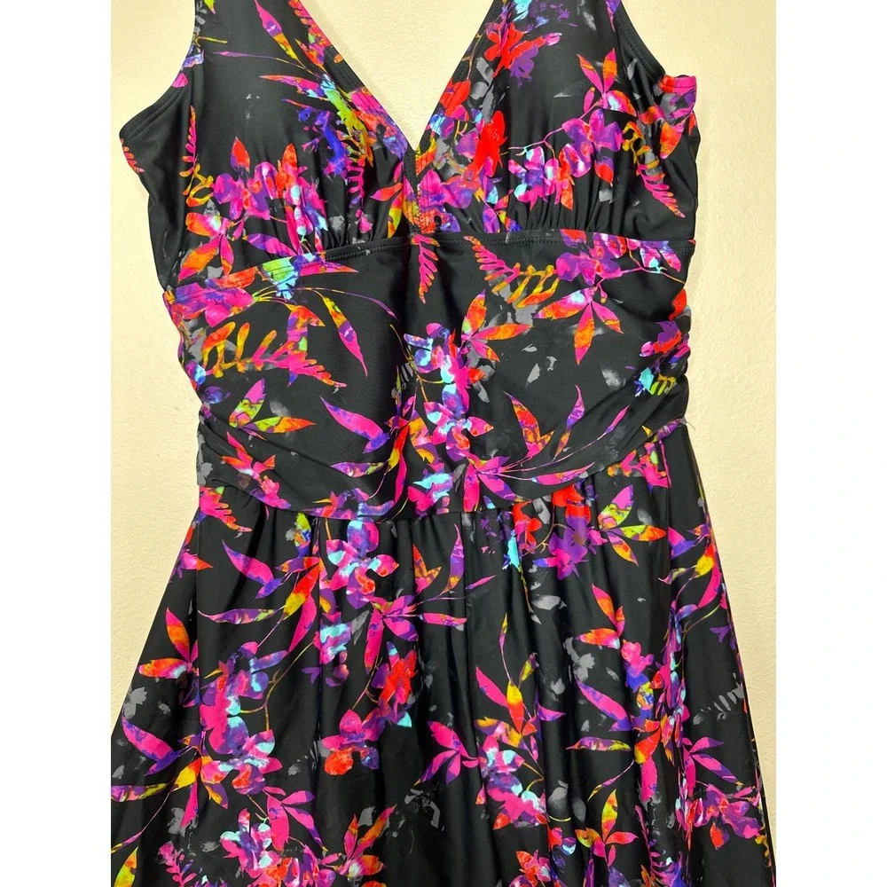 Women's Plus‎ Size One Piece Swimskirt Black Neon Multi Color Floral Size 2XL